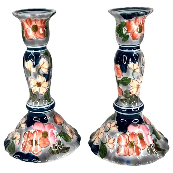 2 Andrea By Sadek Blue Floral Ceramic Candlestick Holders Hand Painted Set Pair - Picture 1 of 6